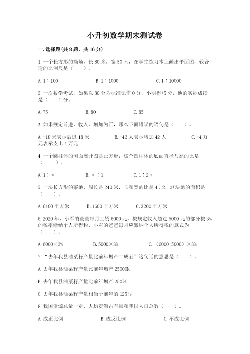 小升初数学期末测试卷推荐.docx