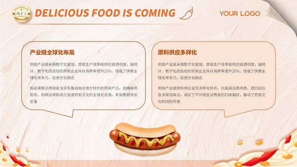 橙色商务风热狗的美食介绍ppt模板