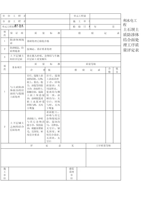 土石坝单元工程质量验收表格模板