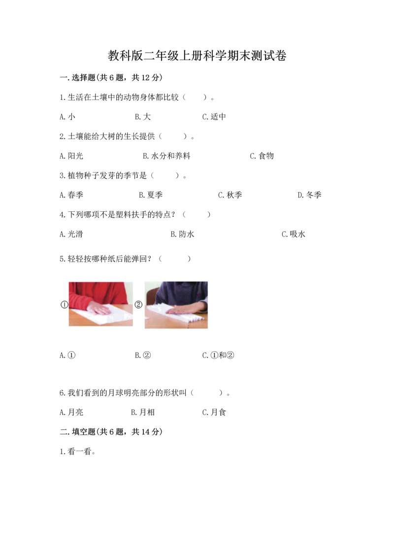 教科版二年级上册科学期末测试卷（实用）word版.docx