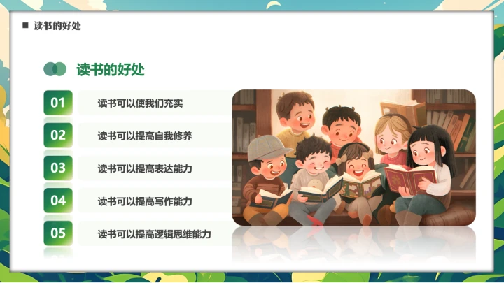 绿色卡通小学生书香校园读书阅读主题班会PPT模版
