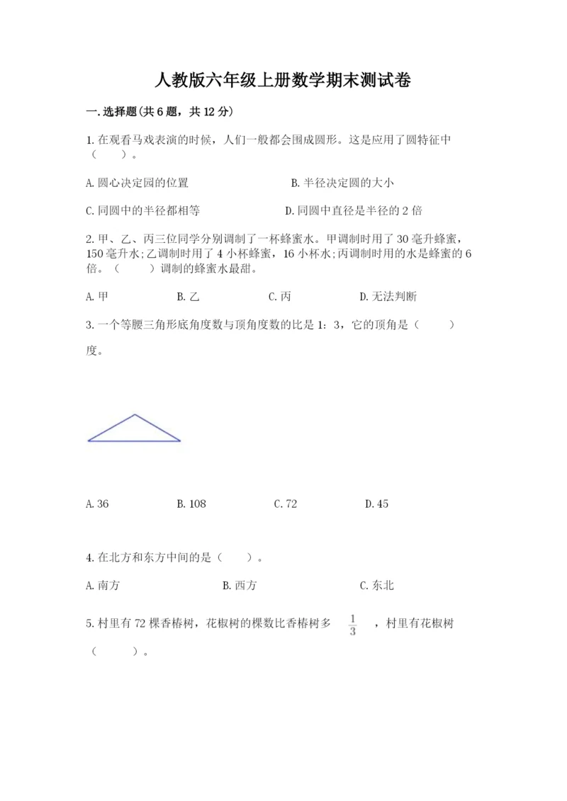 人教版六年级上册数学期末测试卷带答案（典型题）.docx