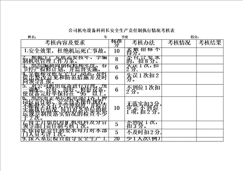 公司总经理安全生产责任制执行情况考核表