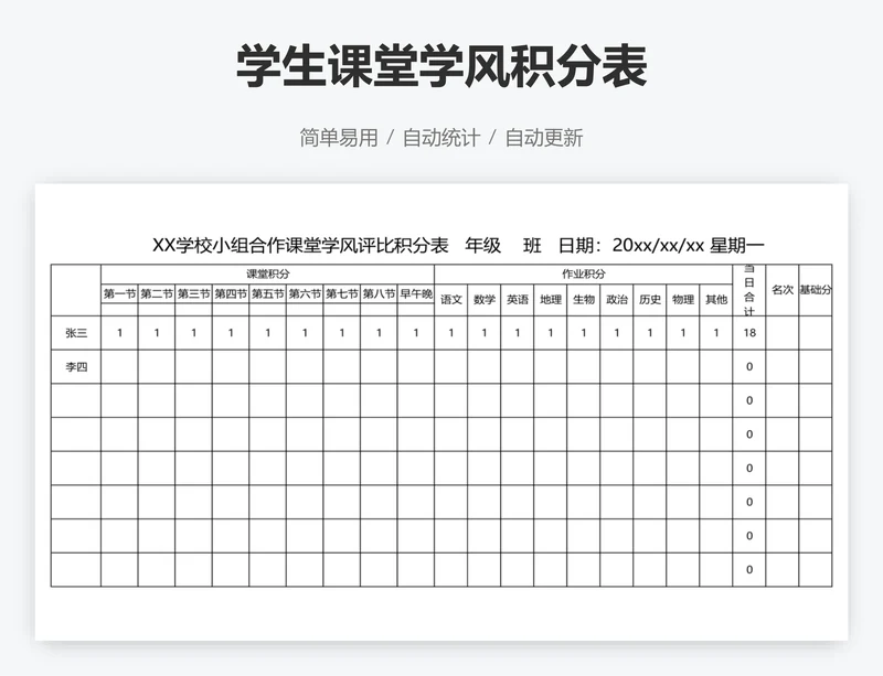 学生课堂学风积分表