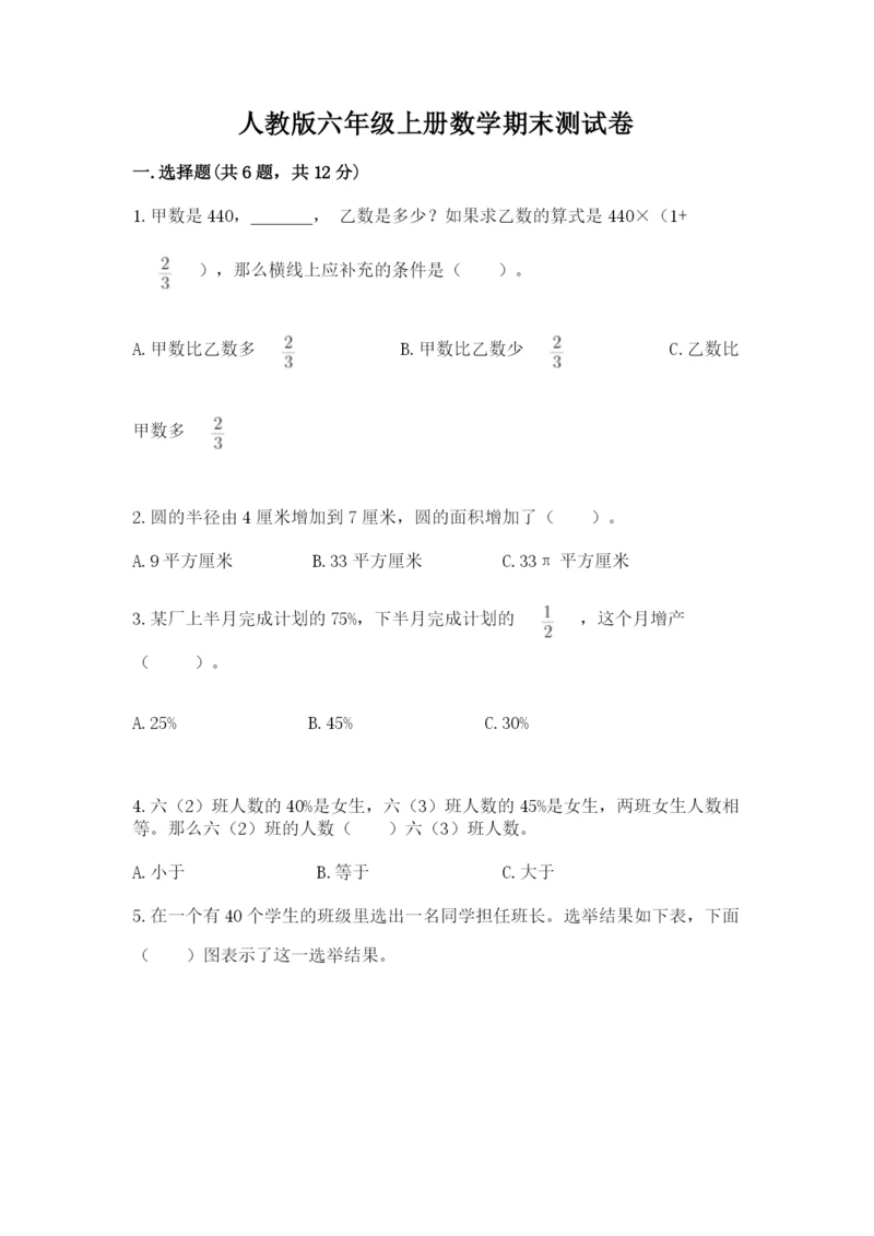 人教版六年级上册数学期末测试卷带答案（模拟题）.docx
