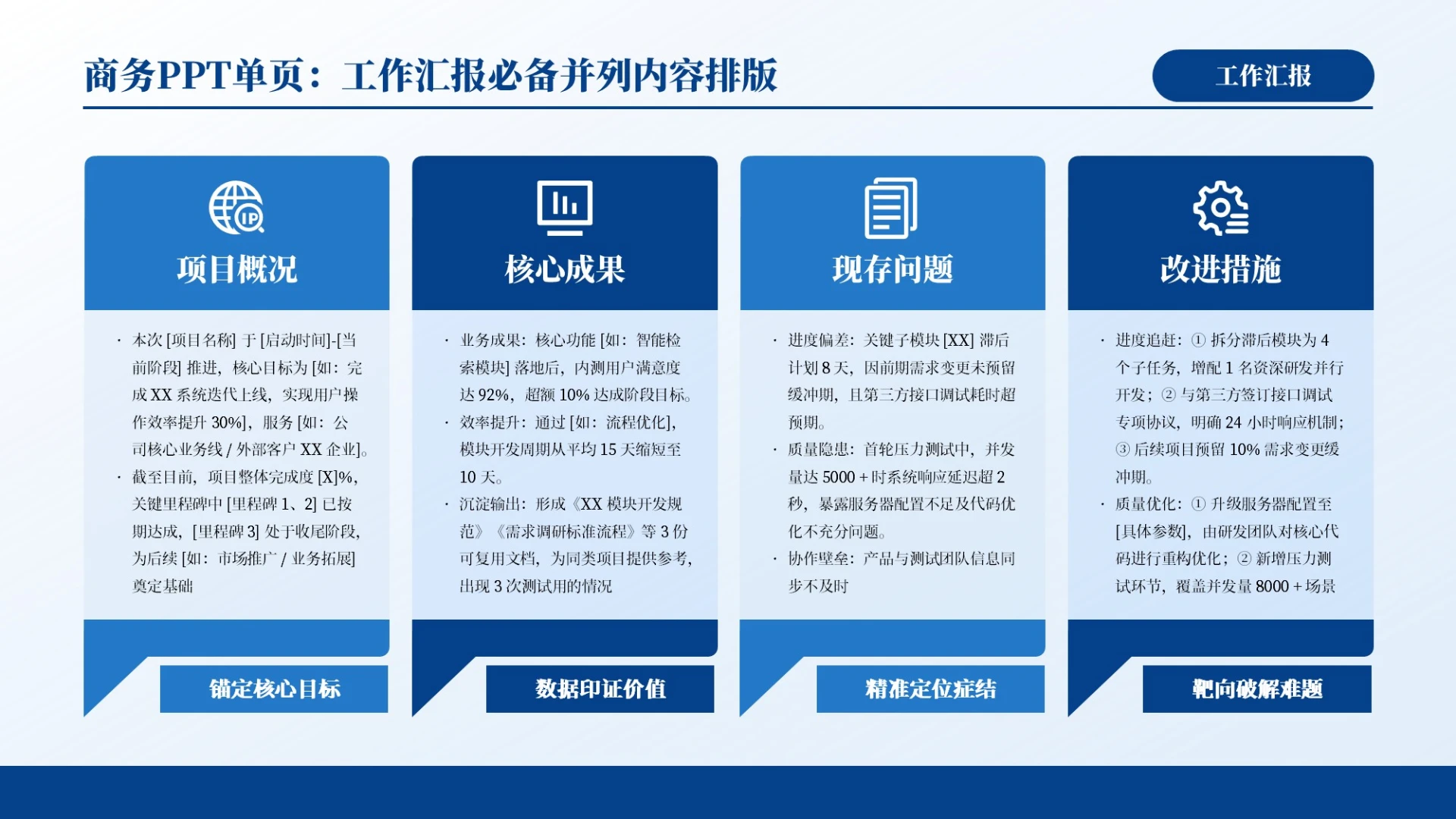 蓝色商务风4项并列排版PPT单页