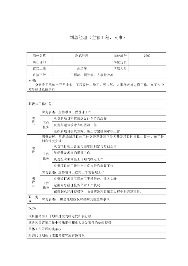 房地产公司副总经理主管关键工程人事