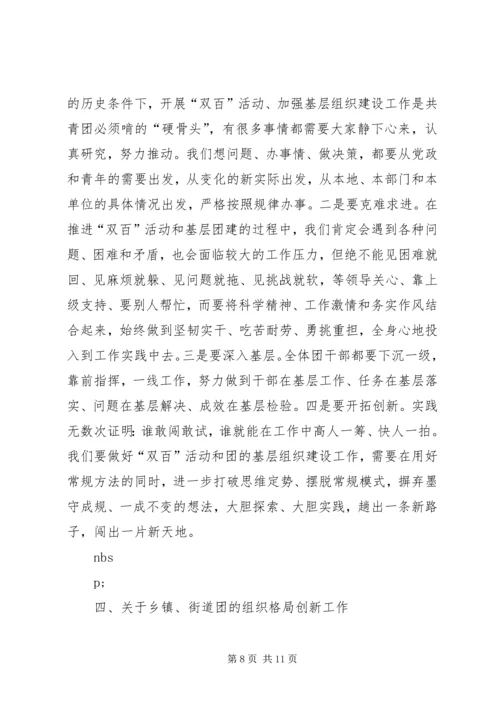 书记在共青团双百活动推进会致辞.docx