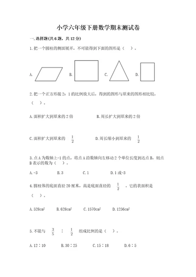 小学六年级下册数学期末测试卷带答案典型题