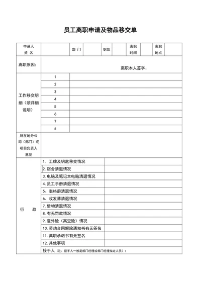 员工离职表员工离职申请及物品移交单