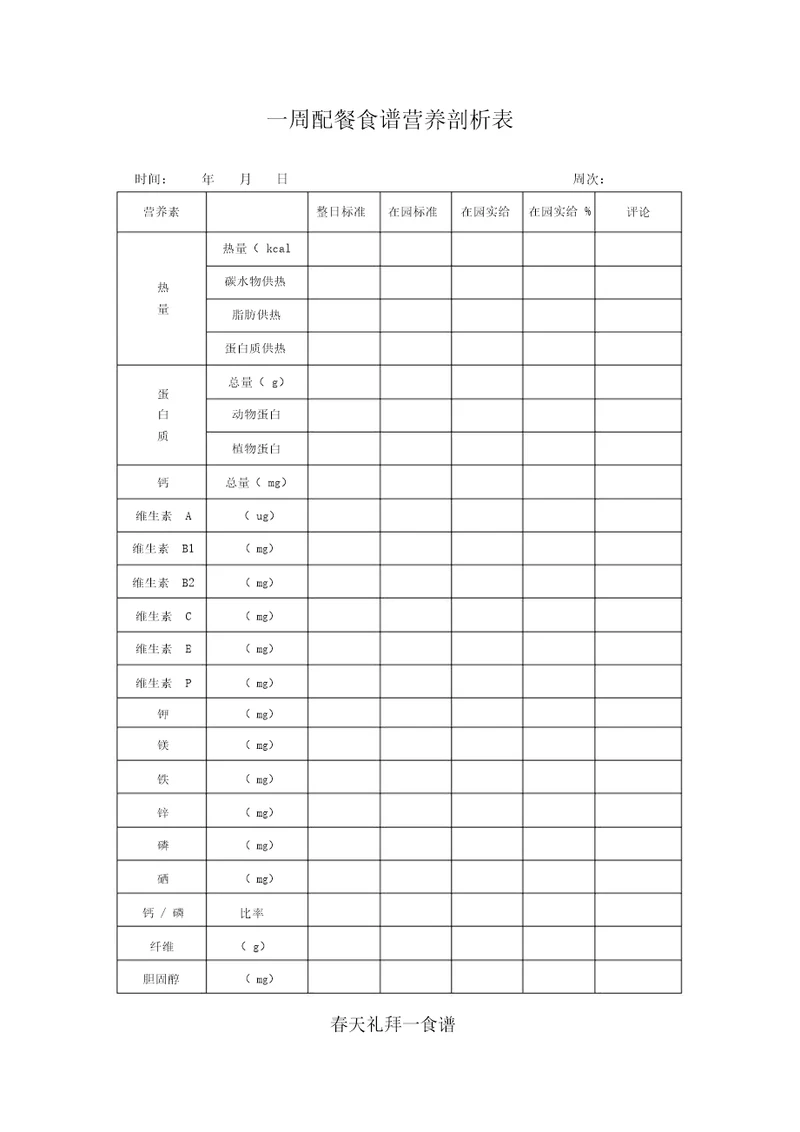 幼儿园膳食管理一周配餐食谱营养分析表