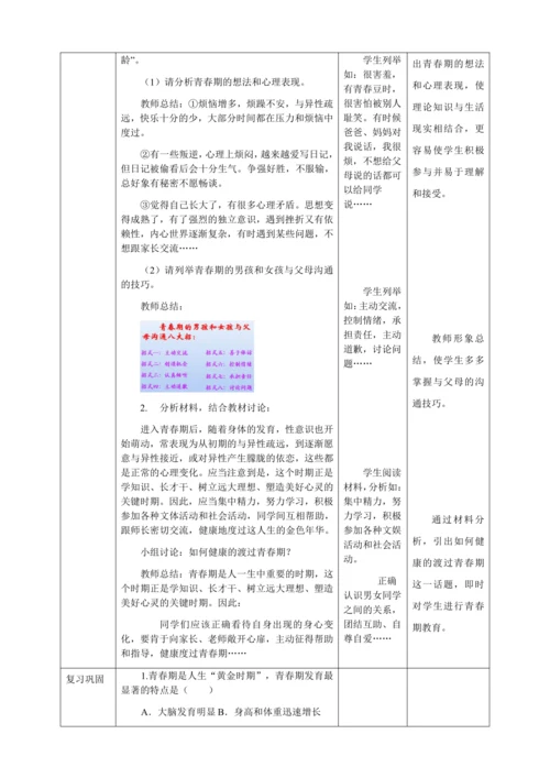 人教版七年级生物下册第四单元1.3青春期教案（表格式）