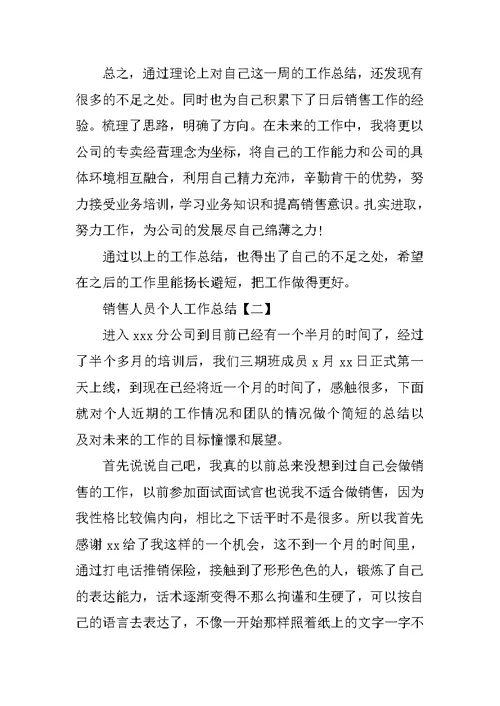 XX年销售人员个人工作总结