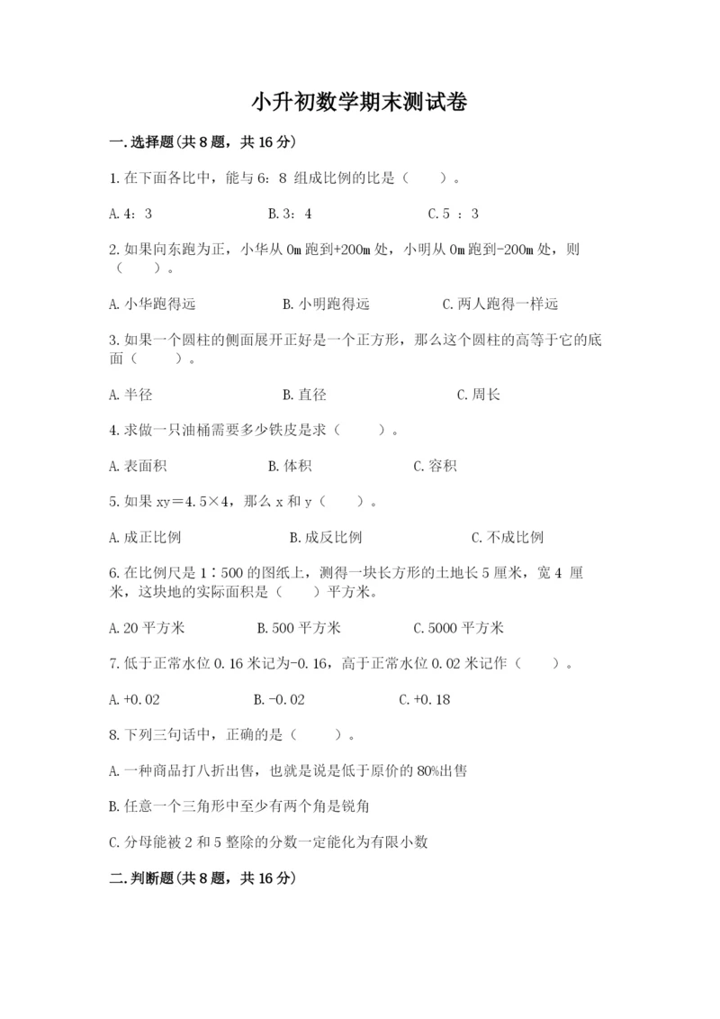 小升初数学期末测试卷附参考答案【培优a卷】.docx