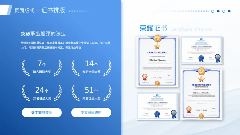 蓝色系渐变风职业荣誉证书页