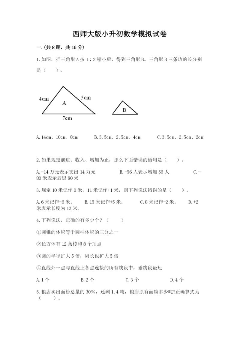 西师大版小升初数学模拟试卷【网校专用】.docx