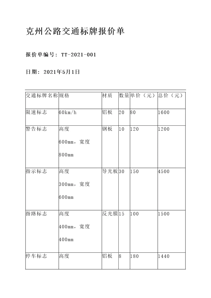 克州公路交通标牌报价单