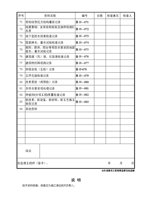 建筑结构工程施工技术资料核查表