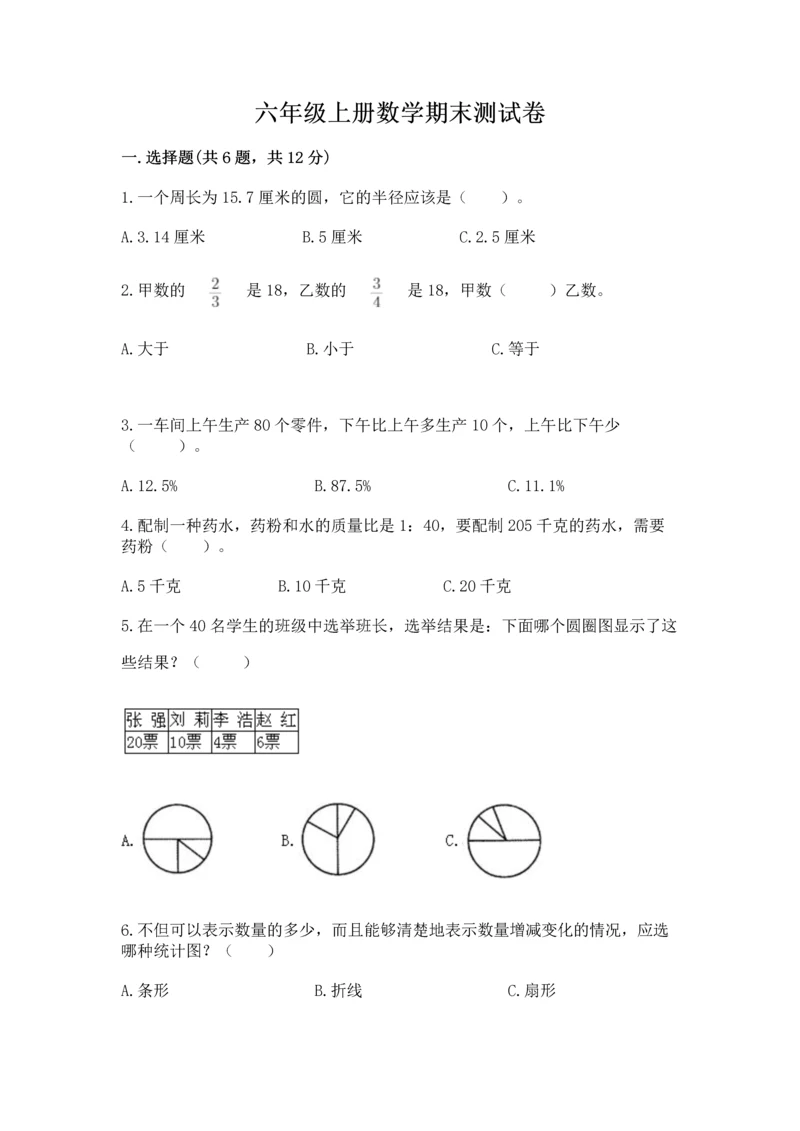 六年级上册数学期末测试卷含答案【培优b卷】.docx