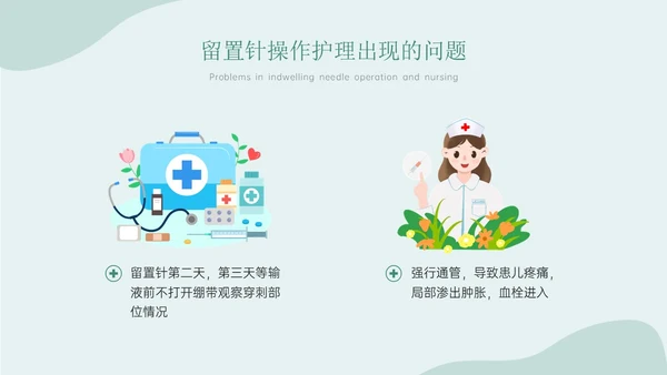 静脉留置针的护理课件蓝色简约医疗器械图标清新留置针护理出现的问题与解决办法ppt