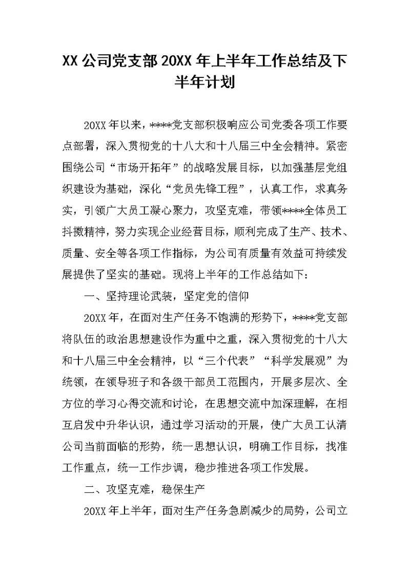 XX公司党支部20XX年上半年工作总结及下半年计划