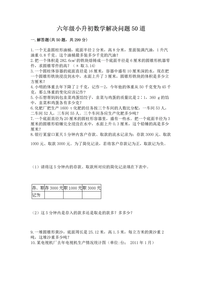 六年级小升初数学解决问题50道精选答案.docx