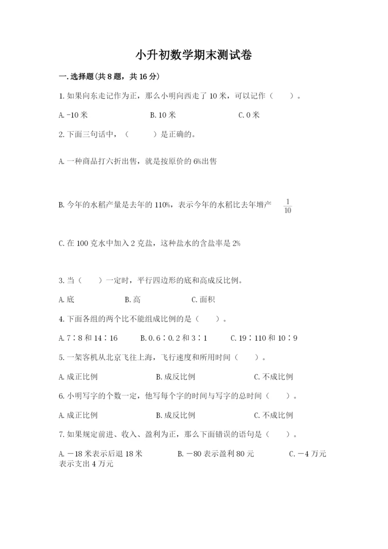 小升初数学期末测试卷及完整答案（有一套）.docx