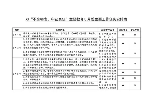 XX局“不忘初衷、牢记责任”主题教育8月份主要工作任务安排表