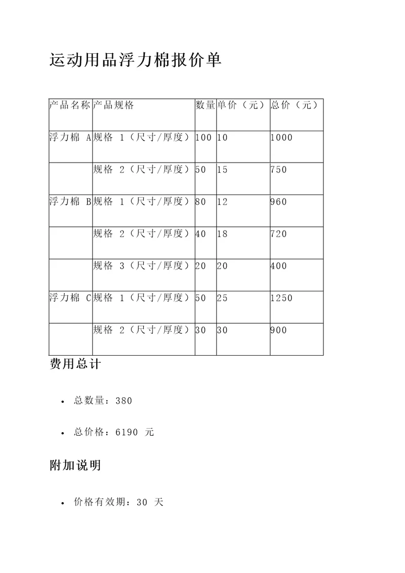 运动用品浮力棉报价单