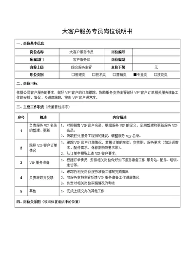大客户服务专员岗位说明书