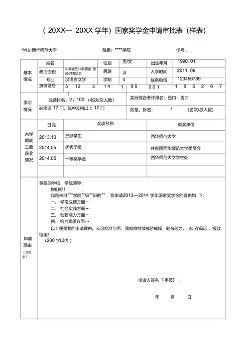 国家奖学金申请审批表