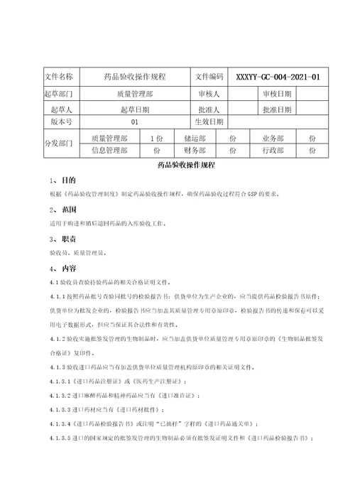 2021年药品批发企业质量管理体系文件操作规程