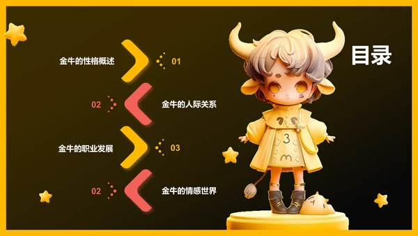 橙色3D风十二星座之金牛座通用PPT模板