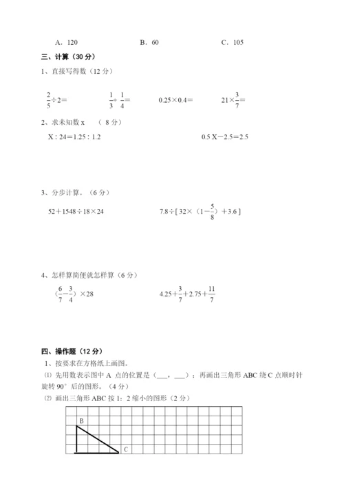 人教版小学六年级数学下册期末试卷--(9).docx