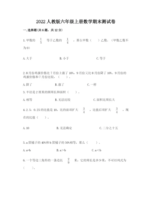 2022人教版六年级上册数学期末测试卷（重点）.docx