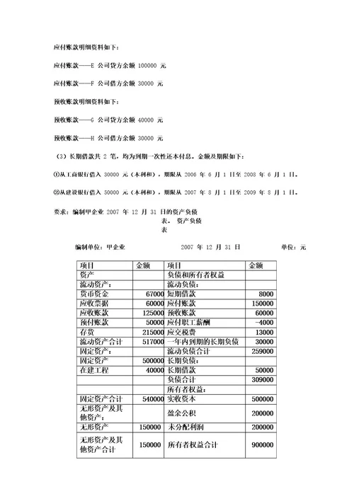 资产负债表练习题1及答案