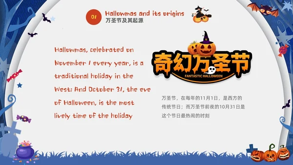 蓝白卡通儿童万圣节英文介绍PPT