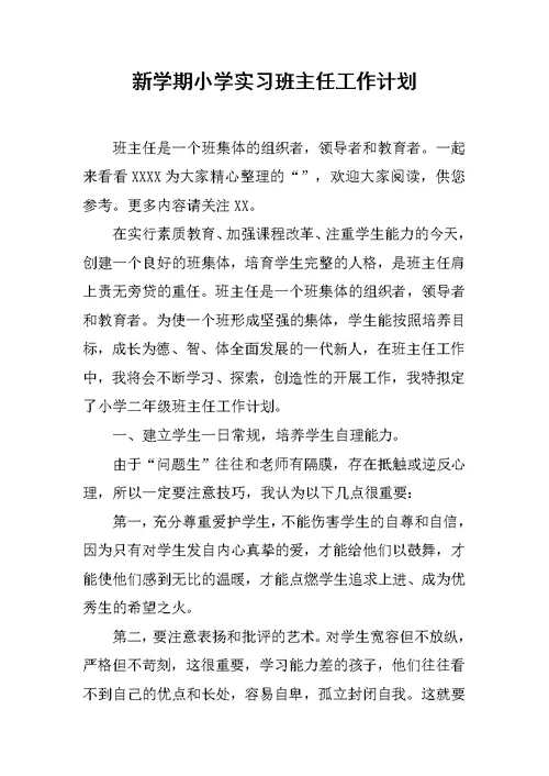 新学期小学实习班主任工作计划