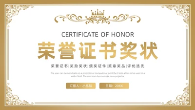 金色蓝色简约风荣誉证书奖状PPT模板