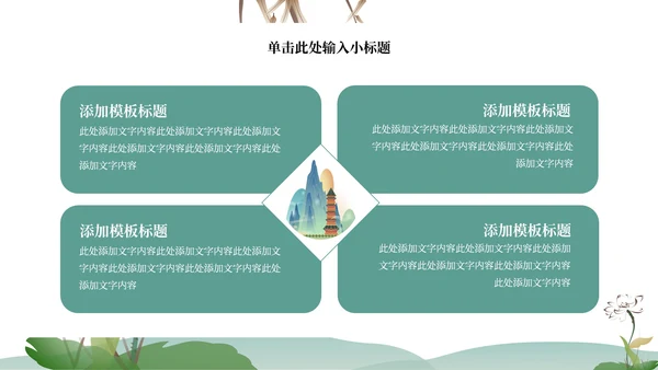 绿色水墨中国风山水花卉文学主题教育PPT模板