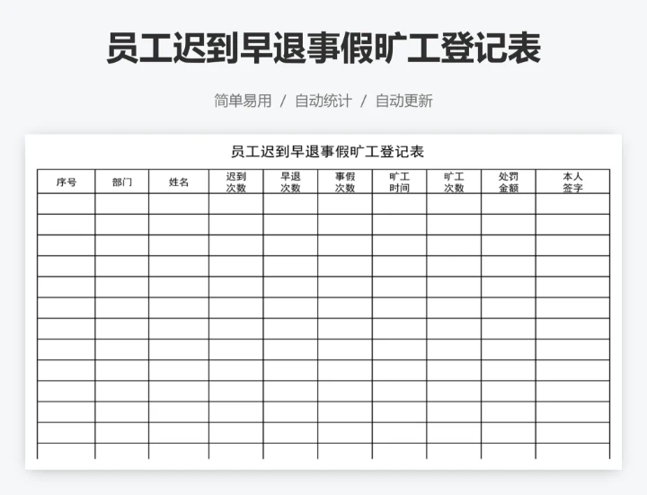 员工迟到早退事假旷工登记表