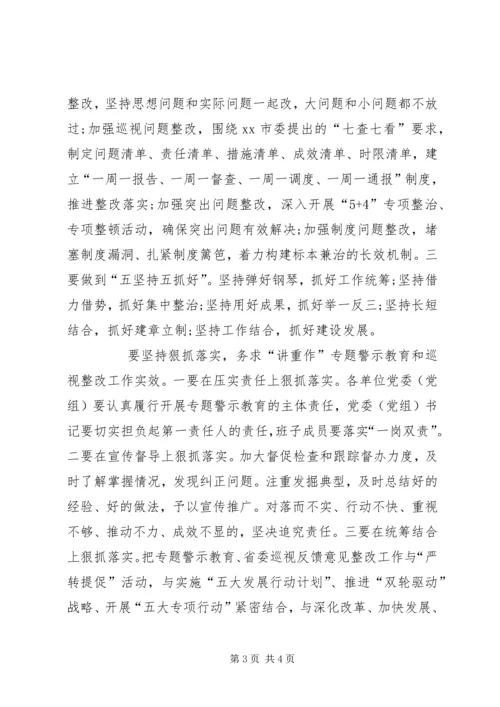 全市“讲重作”专题警示教育暨落实省委巡视整改任务推进会致辞稿.docx