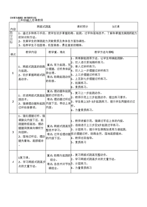 体育与健康单元教学计划