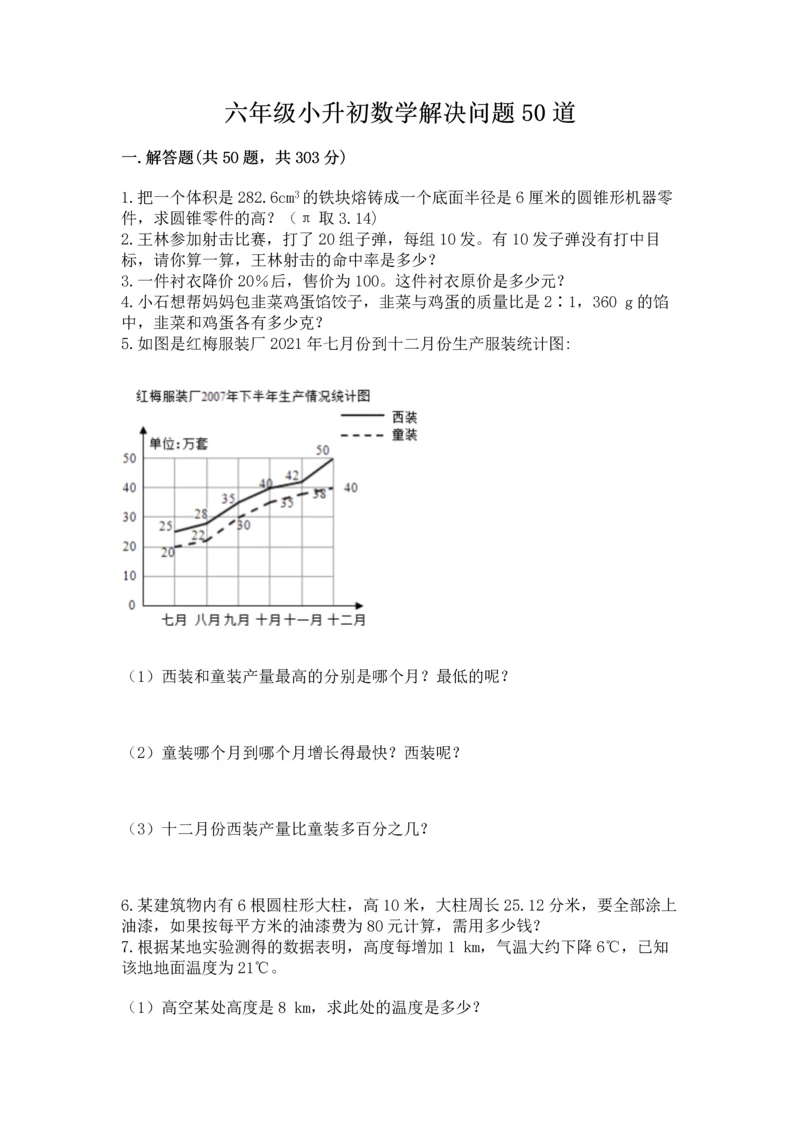 六年级小升初数学解决问题50道含完整答案（名校卷）.docx