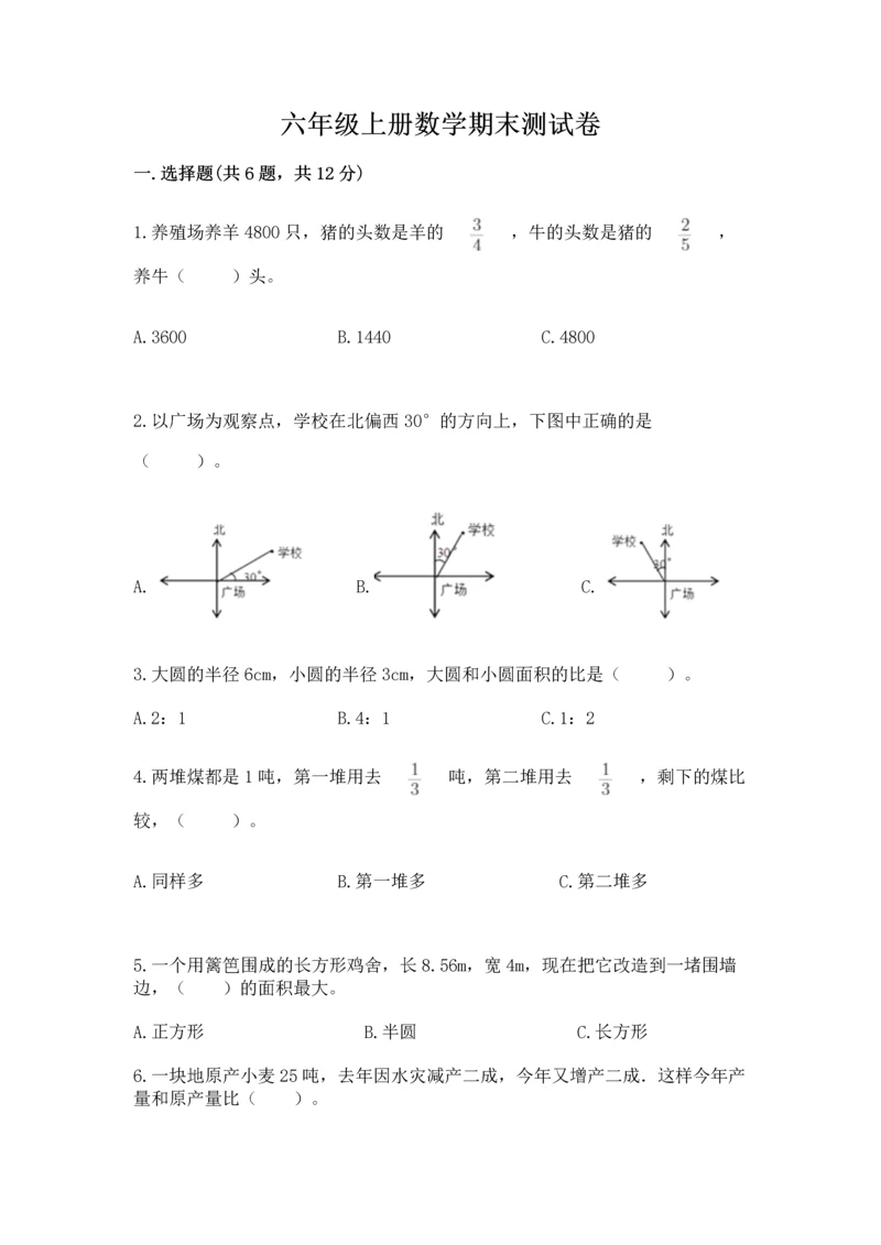 六年级上册数学期末测试卷含完整答案【典优】.docx