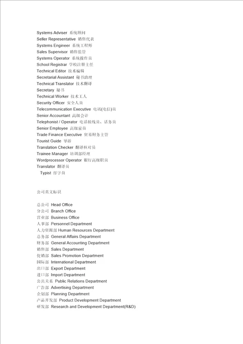公司、企业、外企、各职位英文对照