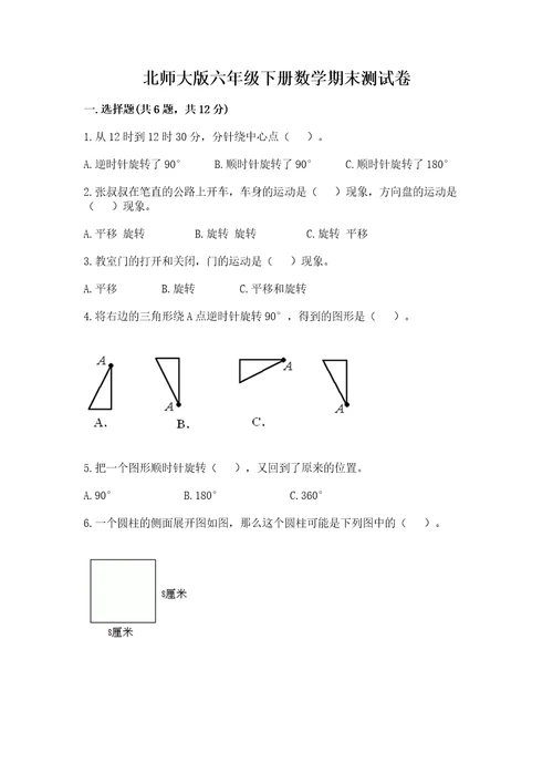 北师大版六年级下册数学期末测试卷带答案（达标题）