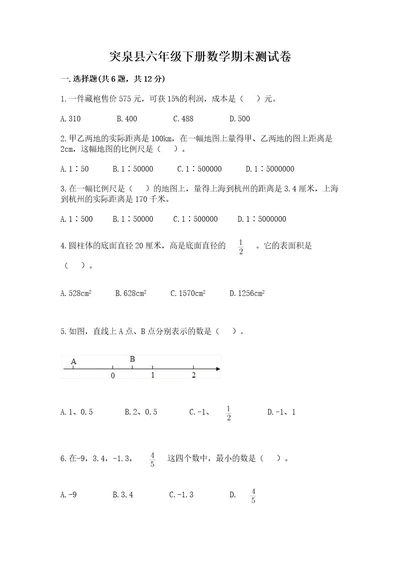 突泉县六年级下册数学期末测试卷（综合题）