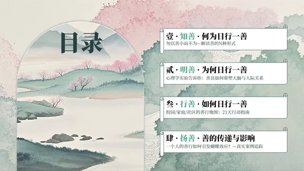绿色山水小清新风日行一善主题班会PPT模板