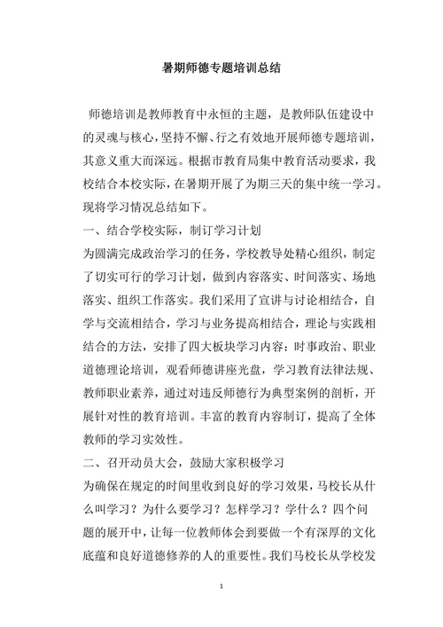 暑期师德专题培训总结